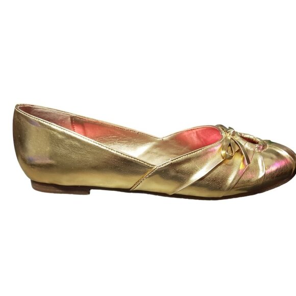 Liliana Metallic Gold Ballet Flats Slippers Vegan Leather Bow Embellished - Picture 1 of 5